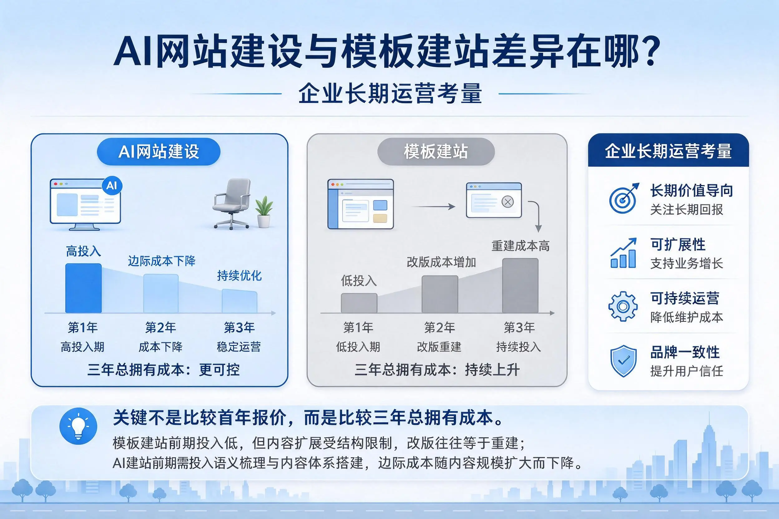 AI网站建设与模板建站差异在哪?舟山企业长期运营考量